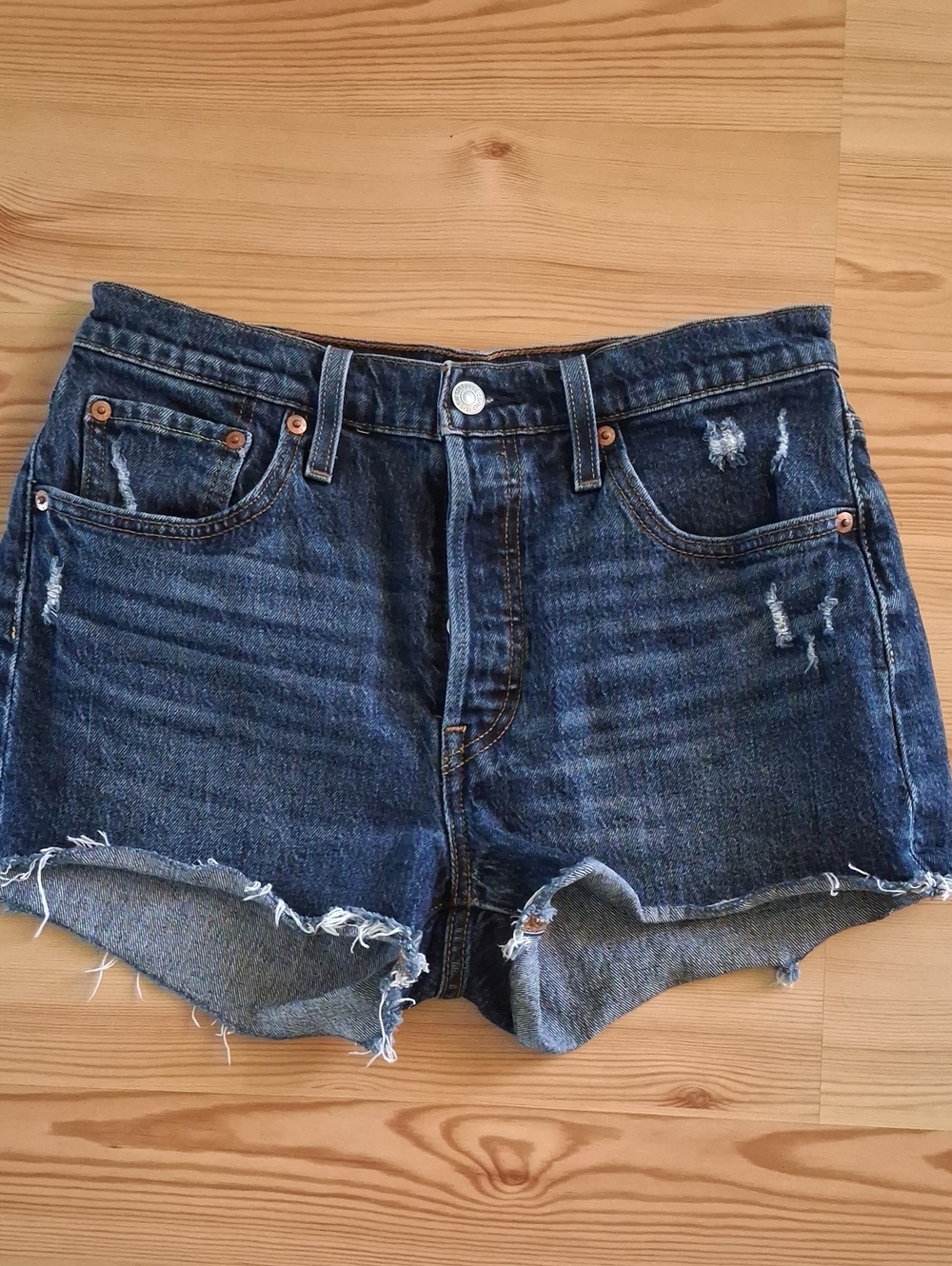 High-Rise Dark Blue Distressed Denim Cutoff Shorts
